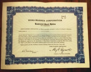 Borg - Warner Restricted Stock Option Certificate 1955 10x13 photo