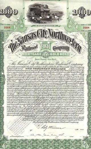 Kansas City Northwestern Rr 1894 $1000 Bond Certificate photo