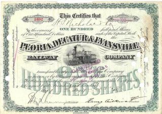 Peoria Decatur & Evansville Rwy Co Stock Cert 1880s photo