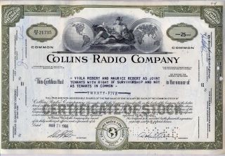 Collins Radio Company Stock Certificate Rockwell Cedar Rapids Iowa photo