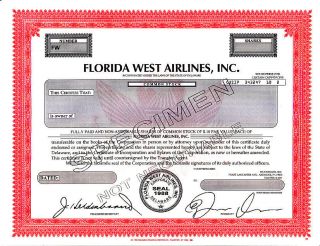 Florida West Airlines,  Inc.  Specimen Stock Certificate photo