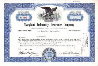 Maryland Indemnity Insurance Company Md 1970 Stock Certificate photo