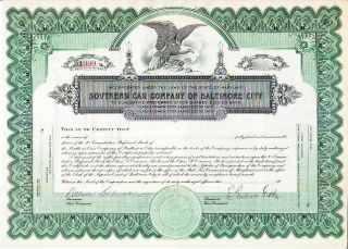 Southern Can Company Of Baltimore City Md 19 - - Stock Certificate photo