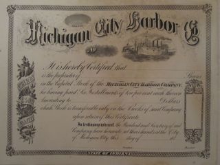 Antique 1870s Victorian Old Rare Michigan City In Harbor Stock Certificate Ship photo