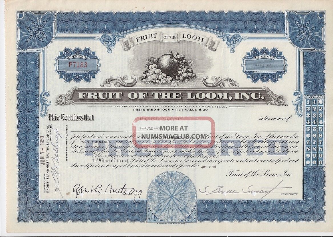 Fruit Of The Loom Inc. . . . . . . 1938 Stock Certificate