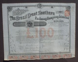 Brazil Great Southern Railway Debenture 100 P Sterling Bond 1886 Uncan + Coupons photo