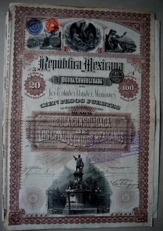 Mexico 1885 Republica Mexicana Deuda Consolidada $100 3% Bond With Coupons photo