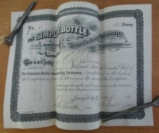 Simplex Bottle Manufacturing Co 1891 Stock Certificate photo