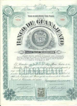 Banco De Guanajuato 1906 Share With Coupons photo