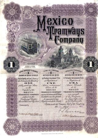 Mexico 1910 Bond Mexico Tramways Company $100 Uncancelled Top Deco Coupons photo