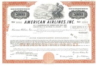 1974 American Airlines $5,  000 Debenture Certificate - Stock,  Bond,  Airplane photo