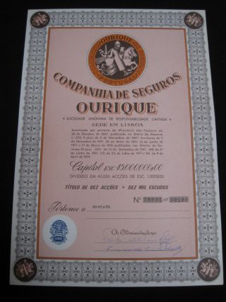 Insurance Company Ourique - Ten Share Certified 1974 ? photo