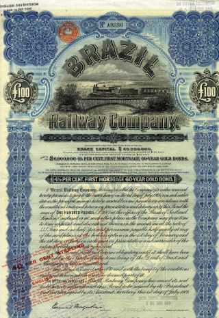 Brazil - Bresil Railway Company Gold Bond Emprunt Obligation 100 Pounds 1909 photo