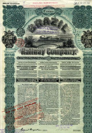 Brazil - Bresil Railway Company Bond Emprunt Obligation 500 Francs 1909 photo