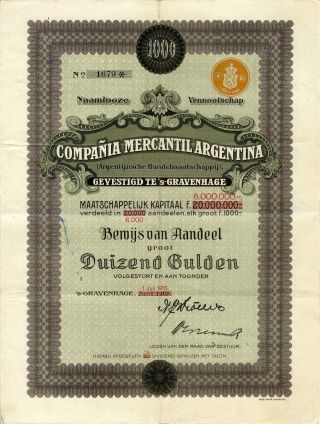 Argentina: Compania Mercantil Argentina Trading Co 1000 Gulden 1915 photo