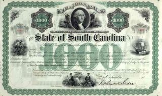 1869 State Of South Carolina $1000 Bond Certificate Signed By R.  Scott photo