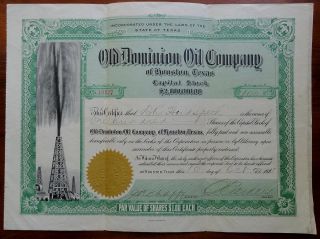 Vintage Old Dominion Oil Co Houston,  Texas Tex Stock Certificate 1921 photo