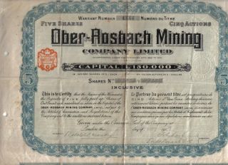 Germany 1907 Ober Rosbach Mining Company 5 Shares £5 Uncancelled Coup photo