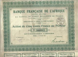 West Africa France 1924 Bank French Banque Francaise Afrique 500 Fr Uncancelled photo