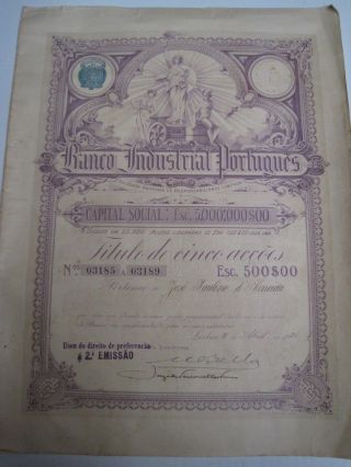 Portuguese Industrial Bank - Five Shares Certificate - 1921 photo