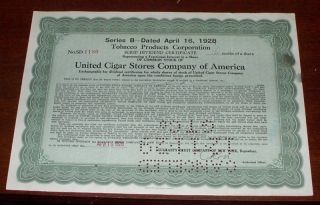 United Cigar Stores Company Of America Stock Dividend Certificate 1928 photo