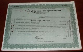 United Stores Corp Temporary Stock Certificate October 28 1929 Black Tuesday photo