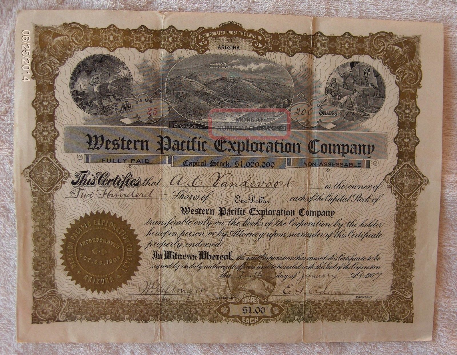 Western Pacific Exploration Company Stock Certificate - 1907