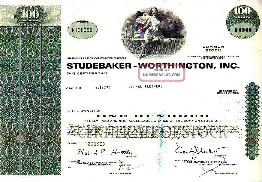 Broker Owned Stock Certificate: Lehman Brothers, Payee; Stutebaker ...