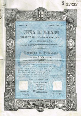 Italy City Of Milan Bond Stock Certificate 1886 W/coupons photo