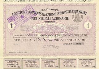 Italy City Of Torino Industry Stock Certificate 1928 1 Sh photo