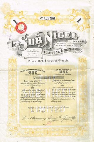 South Africa Sub Nigel Gold Mine Company Stock Certificate photo