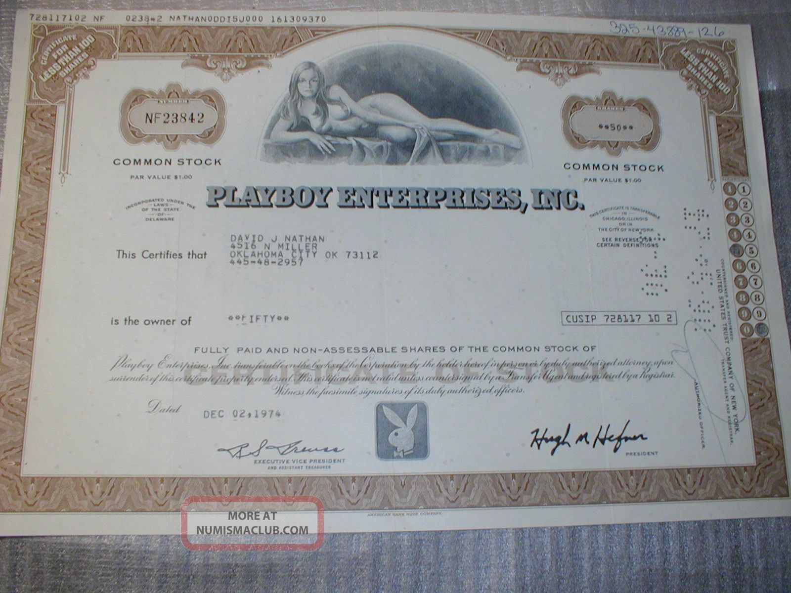 Playboy Stock Certificate Willie Rey 50 Shares 1974 Circulated
