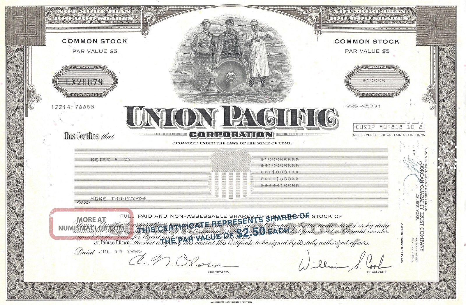 Union Pacific Corporation. . . . . 1980 Stock Certificate
