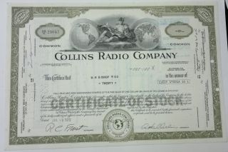 Collins Radio Co 1970 20 Shares Certificate Olive Cedar Rapids Iowa photo