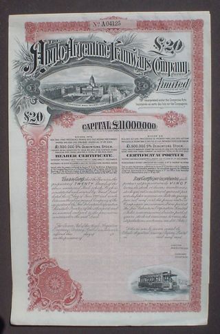Anglo Argentine Tramways Company 20 P.  Sterling 1910 Uncanc.  + 4 Coupon Sheets photo