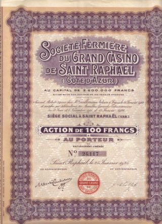 France 1926 Fermiere Grand Casino Saint Raphael Company 100 Fr Coup Uncancelled photo
