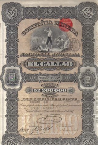 Venezuela 1887 State Mining Gallao Co 1 Share 125 Boliv £5 Uncancelled Coup Deco photo