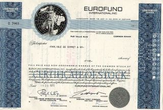Classic Engraved: 1967 Canceled Stock Certificate Eurofund International,  Inc. photo