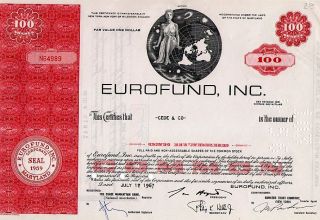 Classic Engraved: Old (1967) Canceled Stock Certificate Eurofund,  Inc. photo