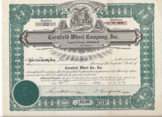 Cornfield Wheel Company Inc.  (michigan). . . . . .  1929 Stock Certificate photo