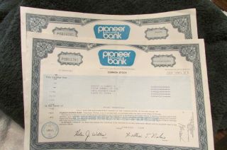 2 Vintage 1985 Stocks For 100 Shares Each For Pioneer Savings Bank photo