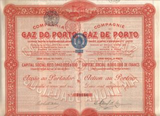 Portugal 1908 Gas Gaz Porto Oporto Company 250 Francs Uncancelled Coupons Deco photo