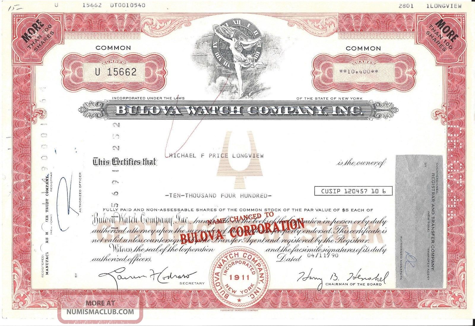 Bulova Watch Compny Inc. . . . . . 1990 Stock Certificate