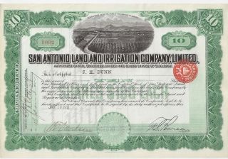 San Antonio Land And Irrigation Company Limited. . . .  1912 Stock Certificate photo