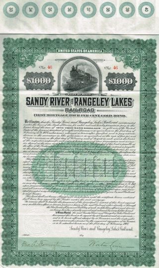 Usa Sandy River & Rangeley Lakes Railroad Bond Stock Certificate 1908 photo