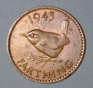Great Britain 1 Farthing 1943 Extremely Fine,  Copper Coin - Bird photo