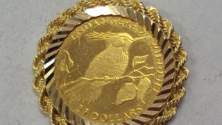 1991 Cook Islands 1/25 Oz.  22kt Gold $25 Coin,  Light Circ,  In 14kt Gold Bezel photo