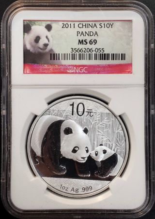 2011 Silver Panda Graded Ms 69 By Ngc 1 Oz 0.  999 Fine Silver photo