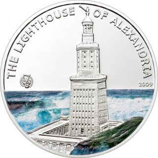 Lighthouse Of Alexandria $5 Silver Proof Color Coin Palau Antique 7 Wonders 2009 photo