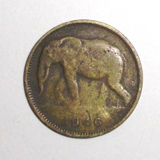1946 Belgian Congo 1 Franc,  African Elephant,  Animal Wildlife Coin photo